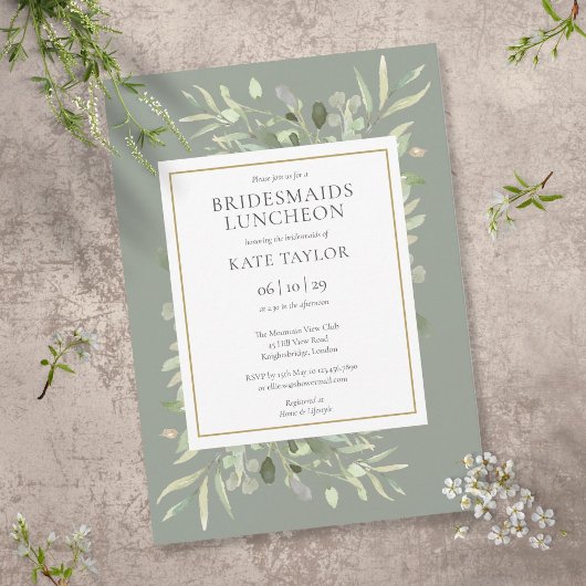 Chic Sage Green Gold Greenery Bridesmaids Luncheon Einladung