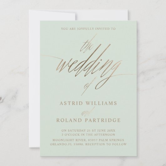 Chic Sage Green & Imitats Gold Calligrafy Wedding Einladung (Vorderseite)