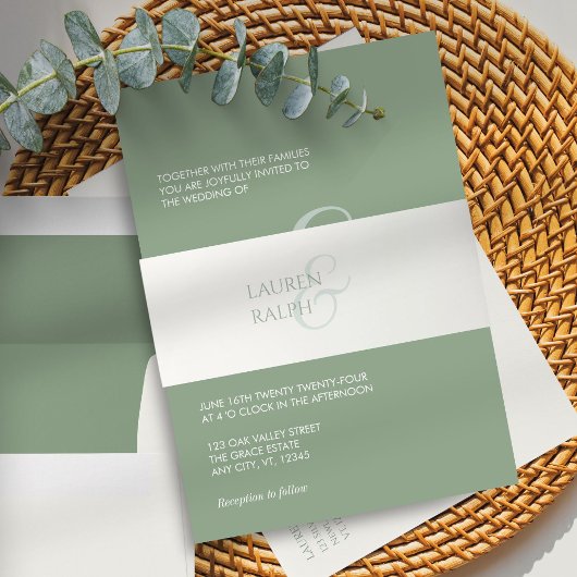 Chic Sage Green & Ivory Minimalistische Script Wed Einladungsbanderole