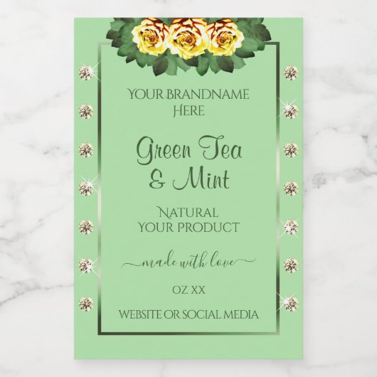 Chic Sage Green Product Labels Yellow Roses Juwele Lebensmitteletikett (Einzelnes Label)