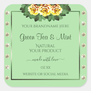 Chic Sage Green Product Labels Yellow Roses Juwele Quadratischer Aufkleber