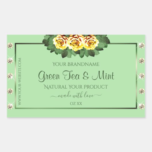 Chic Sage Green Product Labels Yellow Roses Juwele Rechteckiger Aufkleber (Vorderseite)