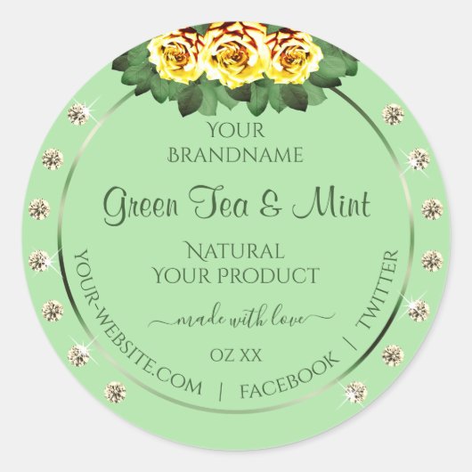 Chic Sage Green Product Labels Yellow Roses Juwele Runder Aufkleber (Vorderseite)