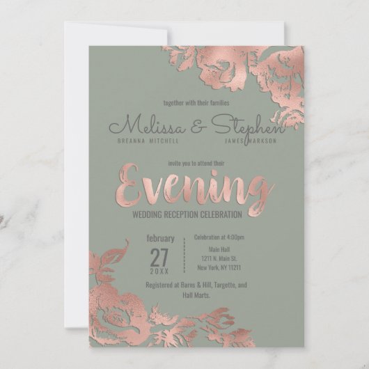 Chic Sage Green Rose Gold Floral Abend Einladung (Vorderseite)