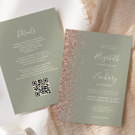 Chic Sage Green Rose Gold Glitzer QR Code Hochzeit Einladung