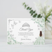 Chic Sage Green Roses Silver Quinceanera Dankeskarte (Stehend Vorderseite)