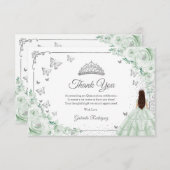 Chic Sage Green Roses Silver Quinceanera Dankeskarte (Vorne/Hinten)