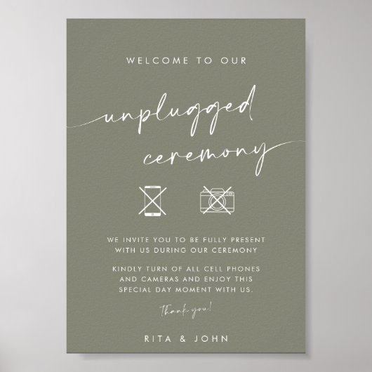 Chic Sage Green Unplugged Zeremonie Hochzeitszeich Poster (Vorne)