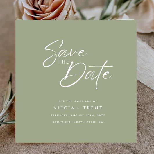 Chic Sage Green & White Calligraphy Save the Date Einladung