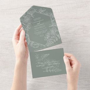 Chic Sage Green White Floral Botanical Wedding All In One Einladung