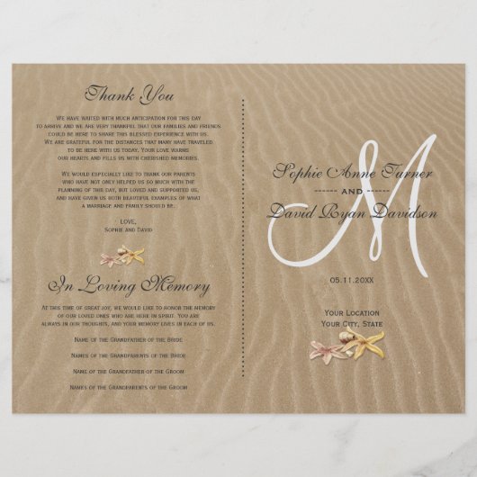 Chic Sand and and Starfish Beach Wedding Program Flyer (Vorne)