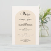 Chic Sand Beige Arch Frame Script Hochzeit Menükarte (Stehend Vorderseite)