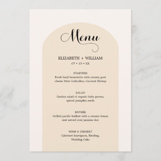 Chic Sand Beige Arch Frame Script Hochzeit Menükarte (Vorderseite)