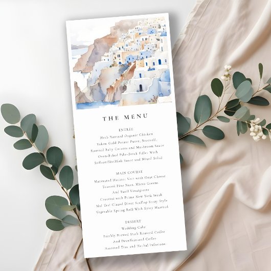 Chic Santorini Greece Watercolor Wedding Menu Card Einladung