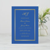 Chic Sapphire Blue Gold Monogram Probe Dinner Einladung (Stehend Vorderseite)