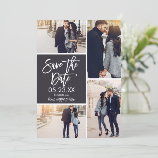 Chic Save the Date 4-Foto Collage Card (Stehend Vorderseite)