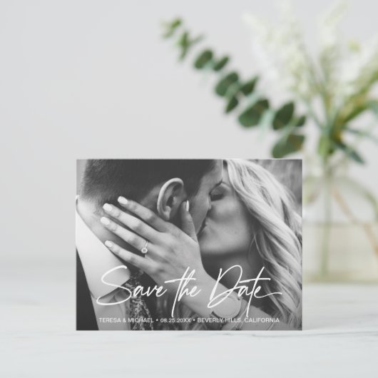 Chic Save the Date Script Custom Verlobung Foto Postkarte (Stehend Vorderseite)