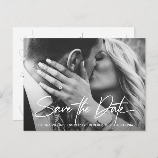 Chic Save the Date Script Custom Verlobung Foto Postkarte (Vorne/Hinten)