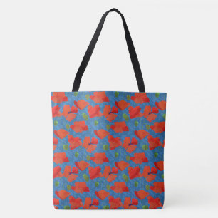 Chic Scarlet Field Poppies Blumenmuster auf blau Tasche
