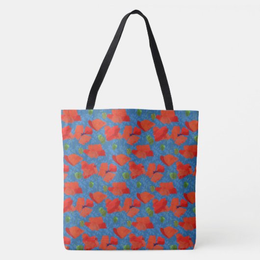 Chic Scarlet Field Poppies Blumenmuster auf blau Tasche (Vorderseite)