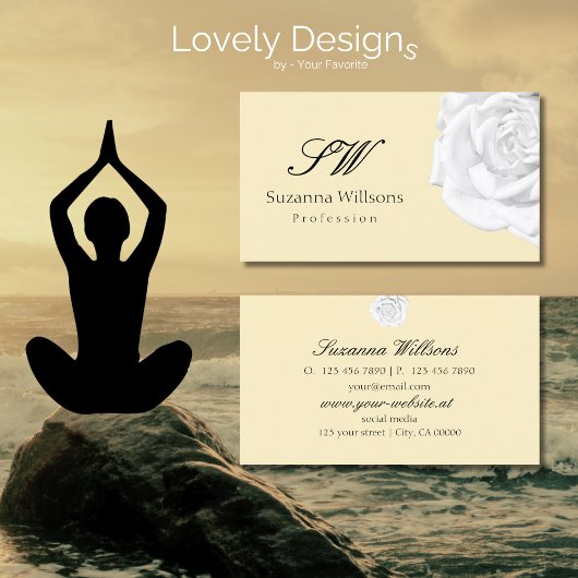 Chic Schlicht Peach Beige Weiße Rose mit Initialen Visitenkarte