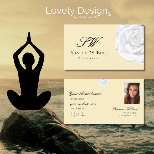 Chic Schlicht Peach Beige White Rose Initials Foto Visitenkarte