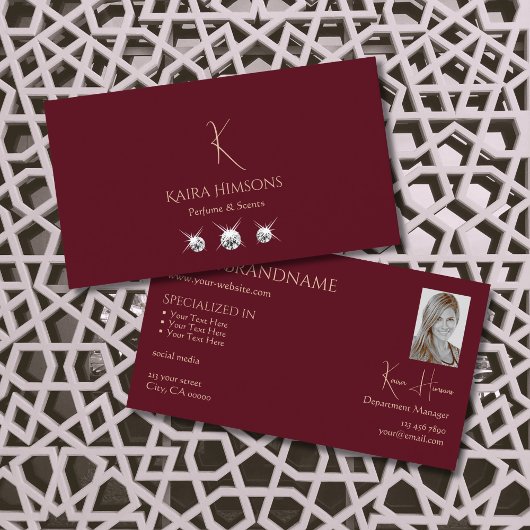 Chic Schlicht Wine Red mit Monogram Foto und Juwel Visitenkarte