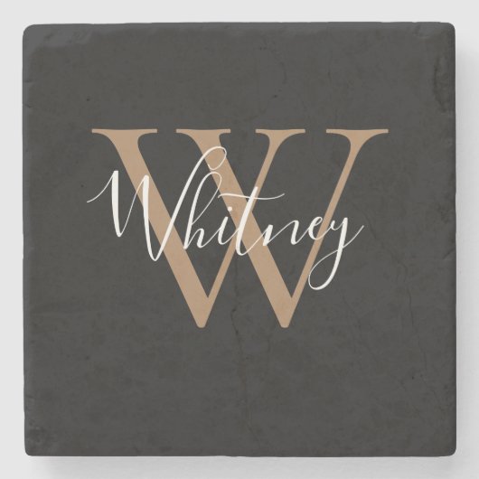 Chic Schrift Name Monogramm Schwarz Gold Steinuntersetzer (Vorderseite)
