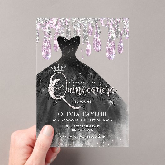 Chic schwarz Kleid rosa Kristall Tropfen Quinceane Acryleinladungen (Insitu (Handheld))