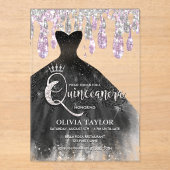 Chic schwarz Kleid rosa Kristall Tropfen Quinceane Acryleinladungen (Vorderseite)