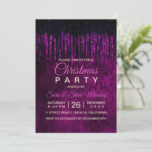 Chic schwarz lila Glitzer Tropfen Damasta Weihnach Einladung (Stehend Vorderseite)