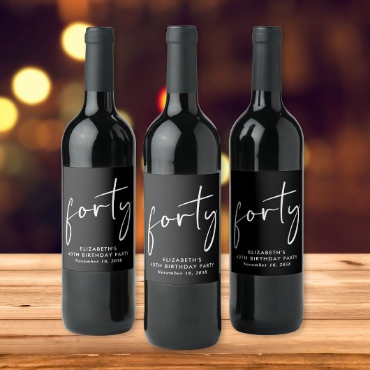 Chic Schwarz-weiß 40. Geburtstag Party Weinetikett