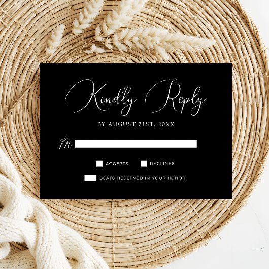 Chic Schwarz-weiß Calligraphy Script Wedding RSVP Karte