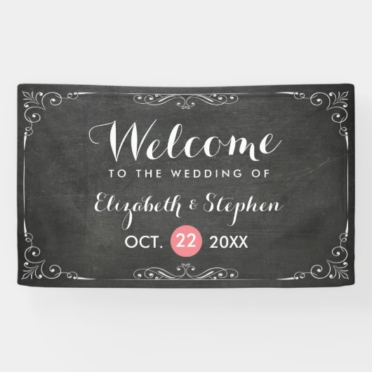 Chic Schwarz-weiß Chalkboard Floral Wedding Banner (Horizontal)