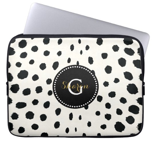 Chic Schwarz-weiß Cheetah Printmuster Monogramm Laptopschutzhülle (Vorderseite)