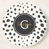 Chic Schwarz-weiß Cheetah Printmuster Monogramm Sandstein Untersetzer (Vorne)