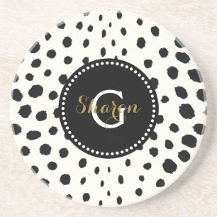 Chic Schwarz-weiß Cheetah Printmuster Monogramm Sandstein Untersetzer