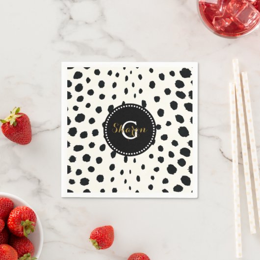 Chic Schwarz-weiß Cheetah Printmuster Monogramm Serviette (Beispiel)