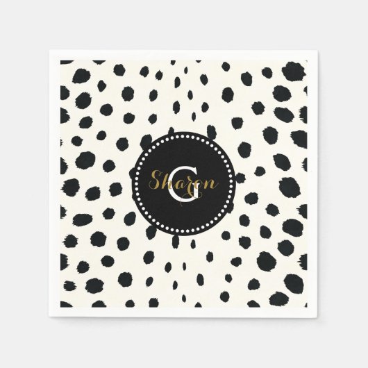 Chic Schwarz-weiß Cheetah Printmuster Monogramm Serviette (Vorderseite)
