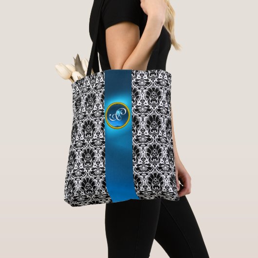 CHIC SCHWARZ-WEISS DAMASK ,BLUE GEMSTONE MONOGRAMM TASCHE (Von Nahem)