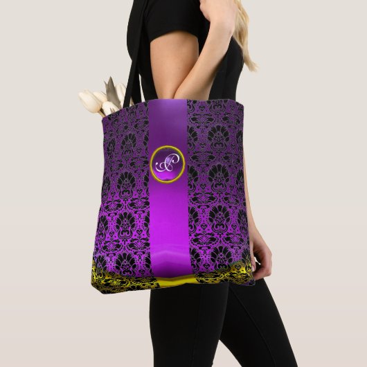 CHIC SCHWARZ-WEISS DAMASK,LILA GEMSTONE MONOGRAMM TASCHE (Von Nahem)