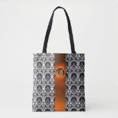 CHIC SCHWARZ-WEISS DAMASK ,ORANGE GEMSTONE MONOGRA TASCHE (Vorderseite)