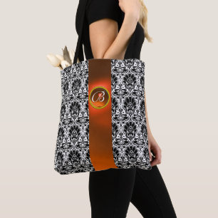CHIC SCHWARZ-WEISS DAMASK ,ORANGE GEMSTONE MONOGRA TASCHE