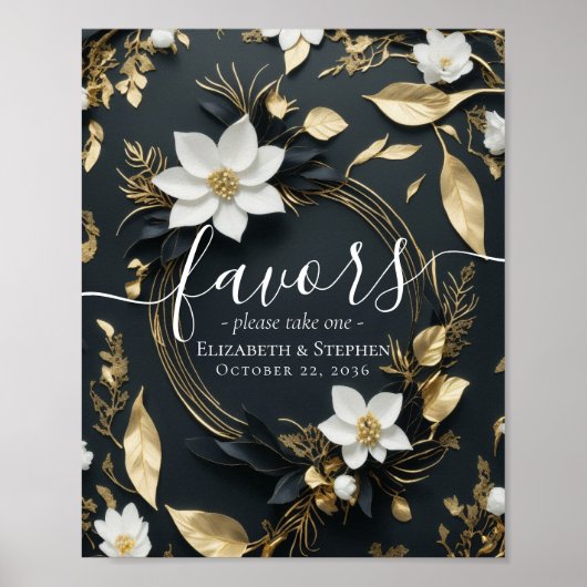 Chic Schwarz-weiß Gold Floral Wreath Gastgeschenke Poster (Vorne)