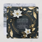 Chic Schwarz-weiß Gold Floral Wreath Wedding Foto Einladung (Vorne/Hinten)