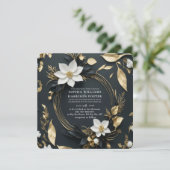 Chic Schwarz-weiß Gold Floral Wreath Wedding Foto Einladung (Stehend Vorderseite)