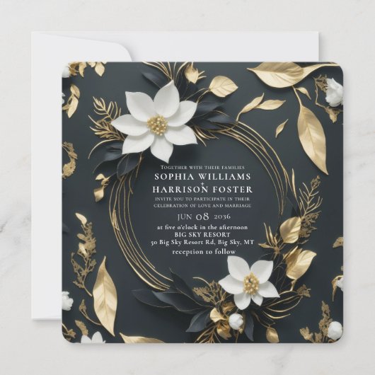 Chic Schwarz-weiß Gold Floral Wreath Wedding Foto Einladung (Vorderseite)