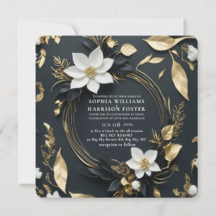 Chic Schwarz-weiß Gold Floral Wreath Wedding Foto Einladung