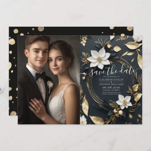 Chic Schwarz-weiß Gold Floral Wreath Wedding Foto Save The Date (Vorne/Hinten)