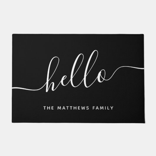 Chic Schwarz-weiß Hello Script Familienname Willko Fußmatte (Vorderseite)
